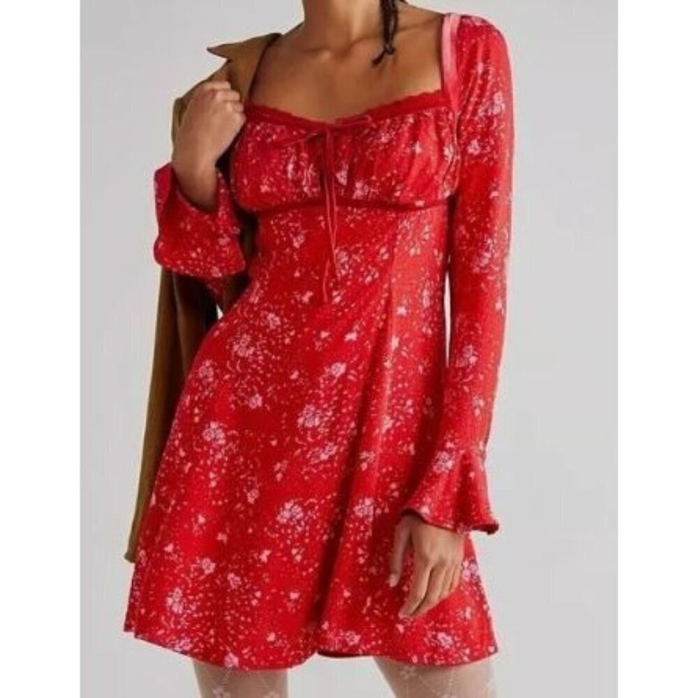 NEW Free People Women's Dress Tess Mini Red Floral Smocked Velevt Trim Small